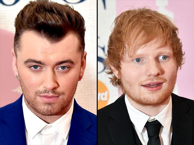 British singers Sam Smith and Ed Sheeran poses on the red carpet at the BRIT Awards 2015. (AFP)