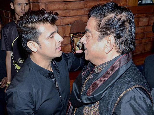 Shatrughan Sinha and singer Sonu Nigam at the success party of the later's album The Music Room. (PTI Photo)