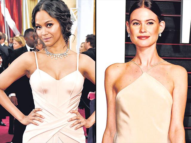 Fifty shades of champagne are a hit with the style conscious. Zoe Saldana's blush toned Versace (L) and Behati Prinsloo's Calvin Klein (R) are perfect examples.