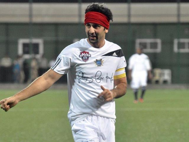 Ranbir Kapoor participated in the stars football match in Mumbai on Feb 26, 2015. Arjun Kapoor, Dino Morea and other stars were also part of the event. (Photo: IANS)