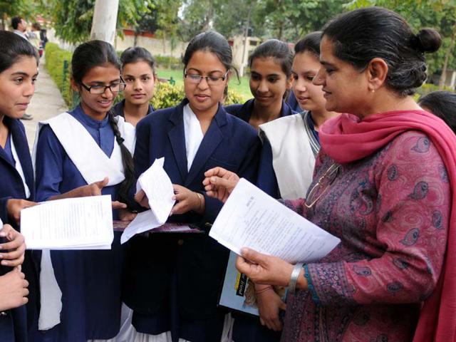 Students leaving the examination hall at Govt Civil line School in Patiala. Bharat Bhushan/HT