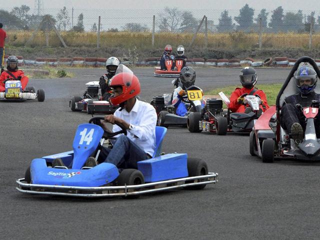 Riders participate in National Elite Kart racing at RMP Go Kart racing circuit in Bhopal on Saturday. (PTI photo)
