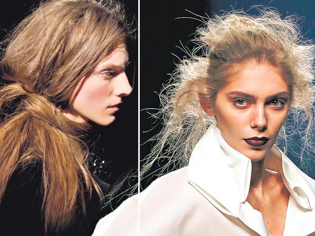 Models in messy updos at Simone Rocha's London presentation (L) and Ulises Merida's show at fashion week in Madrid (R).