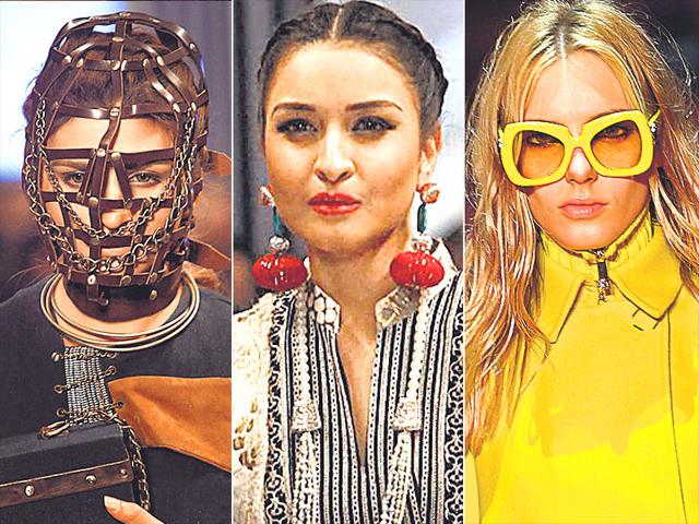 Extreme left and extreme right: Pops of colour from head to toe ruled the ramp for Versace at fashion week in Milan, Italy. Middle: Eclectic tribal and edgy bondage-inspired accessories were featured at a fashion show in Karachi, Pakistan. Extreme left and extreme right: Pops of colour from head to toe ruled the ramp for Versace at fashion week in Milan, Italy. Middle: Eclectic tribal and edgy bondage-inspired accessories were featured at a fashion show in Karachi, Pakistan.