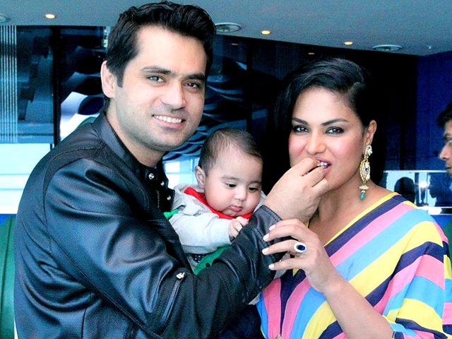 Actor Veena Malik celebrates her 31st birthday with husband Asad Bashir and son Abram at hotel Burj Al Arab in Dubai. (IANS)