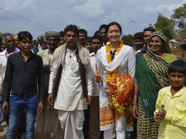 Sarpanch-Bhakti-Sharma-with-villagers-near-Bhopal-HT-photo Sarpanch-Bhakti-Sharma-with-villagers-near-Bhopal-HT-photo