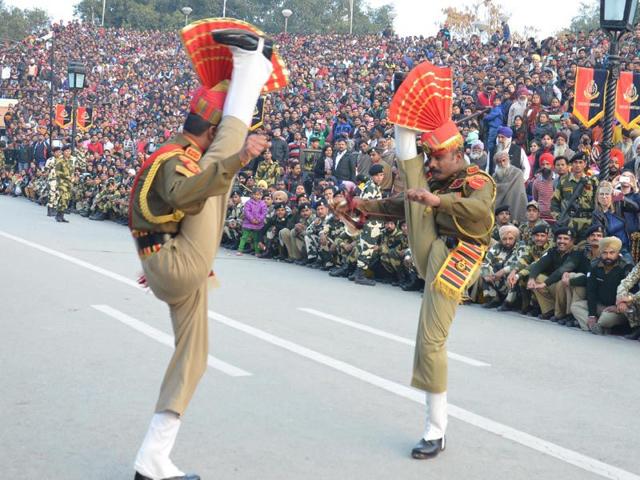BSF Jawans perform during beating the retreat ceremony at Attari-Wagah joint check post in Amritsar.Sameer Sehgal/ HT