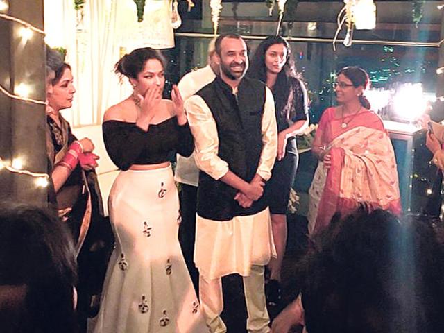 (From left) Neena Gupta, Masaba Gupta and Madhu Mantena at Masaba's engagement. (Photo: instagram.com/masabagupta, instagram.com/aliaabhatt)