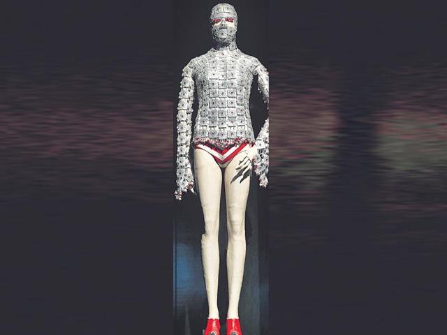 An outfit of yashmak, knickers and shoes by McQueen from his 'Eye' 2000 Spring Summer. 