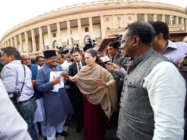 Congress chief Sonia Gandhi and other opposition leaders during a march from Parliament to Rashtrapati Bhavan in New Delhi. PTI Photo by Subhav Shukla