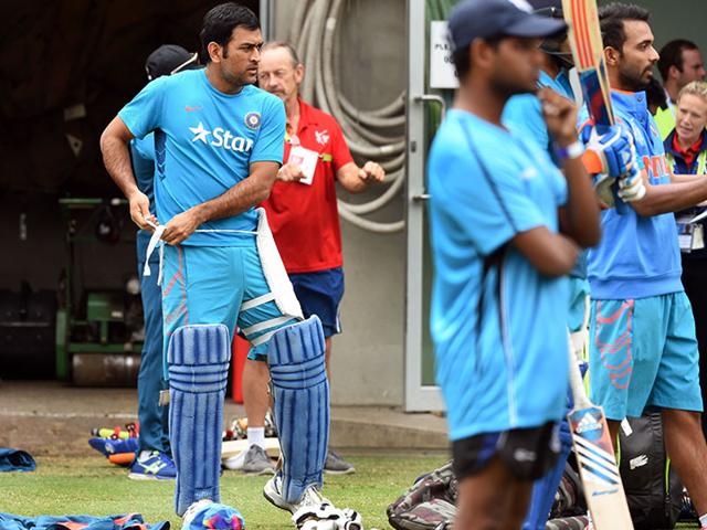 Indian-captain-Mahendra-Singh-Dhoni-pads-up-during-a-training-session-ahead-of-their-2015-Cricket-World-Cup-quarter-final-match-against-Bangladesh-in-Melbourne-AFP-Photo
