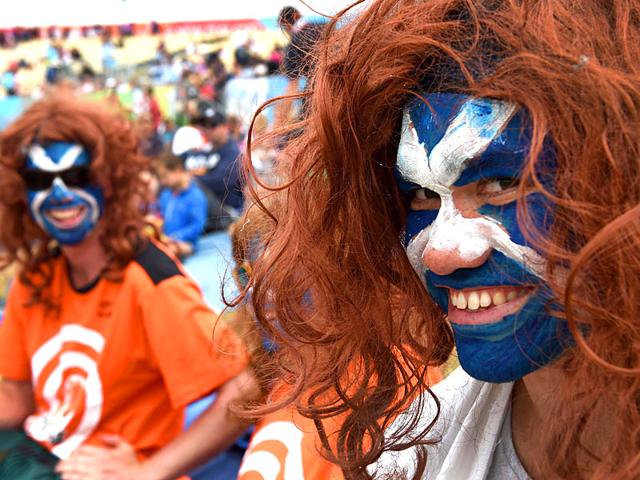 Scotland fans cheer on their team during the 2015 Cricket World Cup Group A match between England and Scotland in Christchurch on February 23, 2015. AFP PHOTO