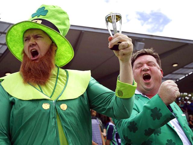 An Ireland supporter in costume stands before the start of the Cricket World Cup match between the team and South Africa at Manuka Oval in Canberra March 3, 2015. REUTERS