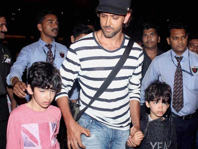 Bollywood actor Hritik Roshan along with his sons Hrehaan and Hridhaan spotted at the airport in Mumbai on Monday. (PTI Photo)