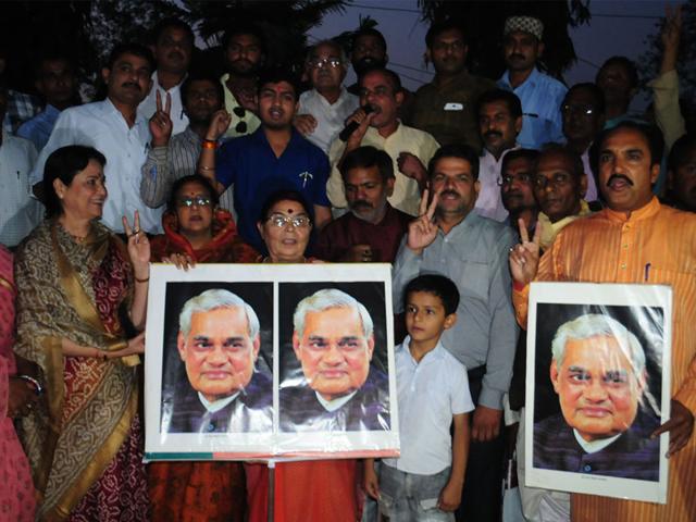 BJP-workers-celebrate-Bharat-Ratna-for-former-Prime-Minister-Atal-Bihari-Vajpayee-at-state-party-headquarters-in-Bhopal-on-Friday-Mujeeb-Faruqui-HT-photo