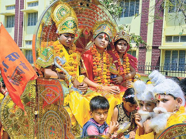 Children dress up as Hindu gods during Ram Navami celebrations in Bhopal on Saturday. (Bidesh Manna/HT photo)