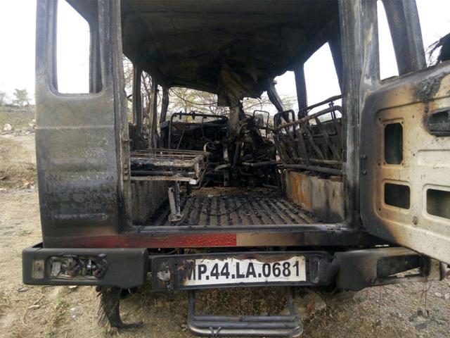 The-ambulance-which-caught-fire-on-Mhow-Neemuch-state-highway-on-Sunday-HT-photo The-ambulance-which-caught-fire-on-Mhow-Neemuch-state-highway-on-Sunday-HT-photo