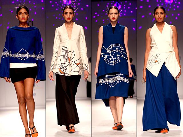 Models walk the ramp at Amazon India Fashion Week in Poonam Bhagat's creations. (IANS)