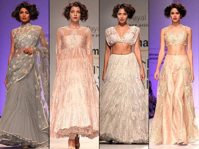 Models showcase fashion designer Payal Singhal's ensembles at Amazon India Fashion Week. (IANS)