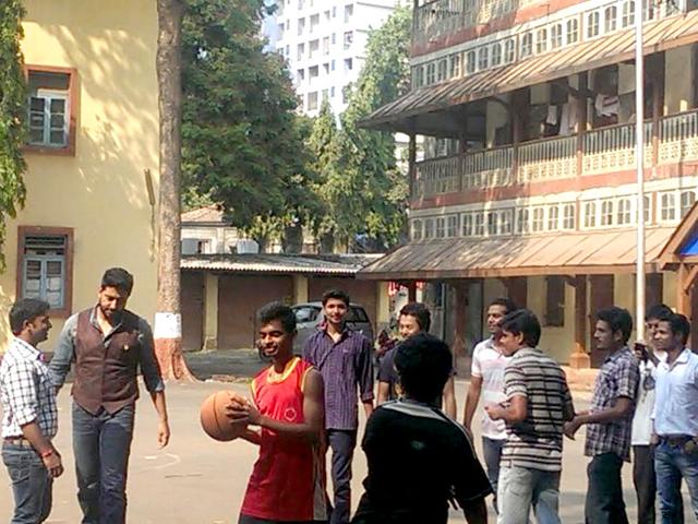 Shooting for the next schedule of Umesh Shukla's All is Well, Abhishek Bachchan plays with basketball kids.