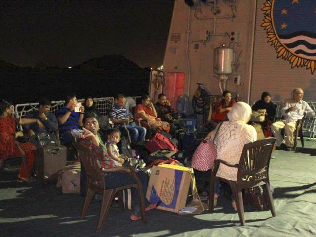 Rescued Indians on the helodeck of INS Sumitra in Yemen's Aden city. (Photo credit- Indian Navy) Rescued Indians on the helodeck of INS Sumitra in Yemen's Aden city. (Photo credit- Indian Navy)