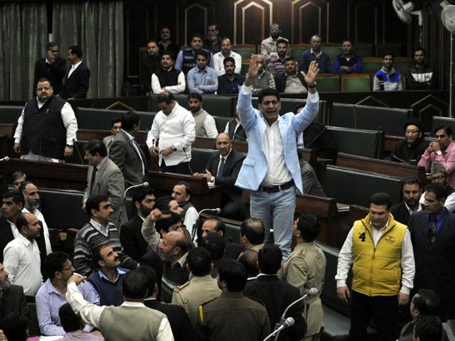 Opposition MLA's protesting during a budget session, in Jammu.Nitin Kanotra /HT