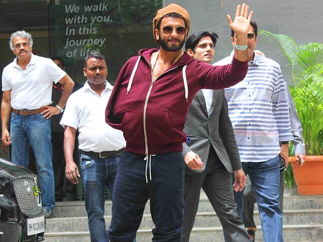 Actor Ranveer Singh comes out of a Mumbai hospital after undergoing a surgery for a shoulder injury he suffered on the set of filmmaker Sanjay Leela Bhansali`s next film Bajirao Mastani in Mumbai. (Photo: IANS)