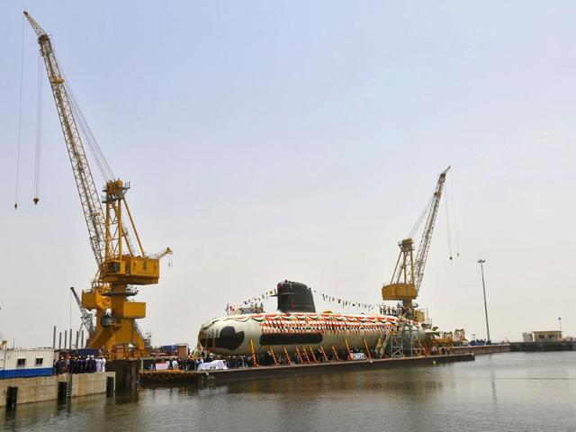 India-s-first-Scorpene-submarine-which-can-carry-18-torpedoes-and-travel-1-020-kilometres-underwater-was-floated-at-the-Mazagon-Docks-in-Mumbai-Pratham-Gokhale-HT-photo India-s-first-Scorpene-submarine-which-can-carry-18-torpedoes-and-travel-1-020-kilometres-underwater-was-floated-at-the-Mazagon-Docks-in-Mumbai-Pratham-Gokhale-HT-photo