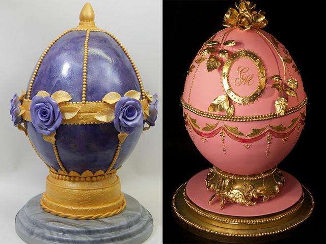 Rose-Marie’s Cakes & Sugarcraft by Rose Macefield (L)For a realistic finish to her egg, Rose Macefield created a marble effect with gold detail and a high shine finish. The egg is a highly personal creation that uses her favorite color, purple, and her favorite flower, the rose. The Cupcake Oven by Sarah Thomas (R)Cake designer Sarah Thomas chose her three favorite colors, pink, green and gold, to decorate her egg, focusing on enamelling, beading and symmetrical detailing. Rose-Marie’s Cakes & Sugarcraft by Rose Macefield (L)For a realistic finish to her egg, Rose Macefield created a marble effect with gold detail and a high shine finish. The egg is a highly personal creation that uses her favorite color, purple, and her favorite flower, the rose. The Cupcake Oven by Sarah Thomas (R)Cake designer Sarah Thomas chose her three favorite colors, pink, green and gold, to decorate her egg, focusing on enamelling, beading and symmetrical detailing.
