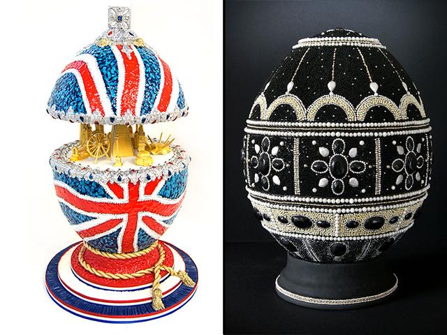 Totally Sugar, by Jacqui Kelly (L)Though she describes herself as a “good Scots girl at heart,” Jacqui Kelly of Totally Sugar took inspiration from her adopted home of London to create her egg, iced in the colors of the Union Jack. Laura Loukaides Cakes by Laura Loukaides (R)Designer Laura Loukaides steered away from pastels opting for drama with a black, gold and pearl color scheme and painstaking eye for details. Totally Sugar, by Jacqui Kelly (L)Though she describes herself as a “good Scots girl at heart,” Jacqui Kelly of Totally Sugar took inspiration from her adopted home of London to create her egg, iced in the colors of the Union Jack. Laura Loukaides Cakes by Laura Loukaides (R)Designer Laura Loukaides steered away from pastels opting for drama with a black, gold and pearl color scheme and painstaking eye for details.