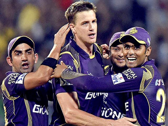 Kolkata Knight Riders bowler Morne Morkel celebrates after dismissing a Mumbai Indians batsman during their IPL 2015 match at Eden Gardens in Kolkata. (PTI Photo)