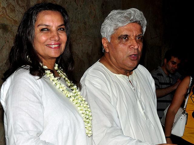 Shabana Azmi and her husband, poet, lyricist and scriptwriter Javed Akhtar were also spotted at the special screening of upcoming Hindi film 'Margarita with a straw', written and directed by Shonali Bose, in Mumbai on April 8, 2015. (AFP Photo)