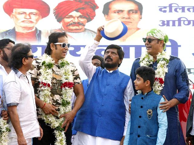 Ramdas Athawale, president of Republican Party of India (RPI) was pictured along with his party workers at a meeting at BKC in Mumbai. (Pratham Gokhale/HT photo)