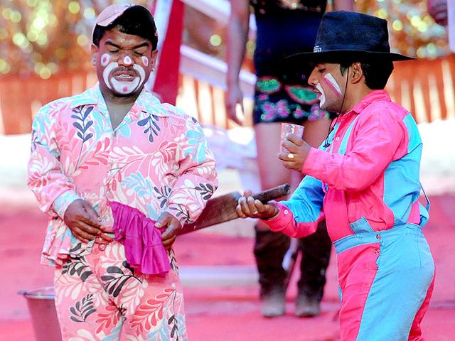 Clowns performing a funny act at the Asiad circus on Thursday. (HT Photo)