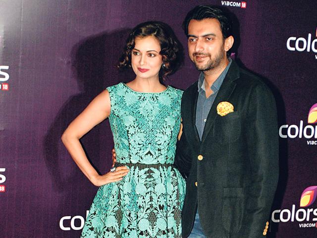 Dia Mizra and Sahil Sangha strike a pose at an event in Mumbai.