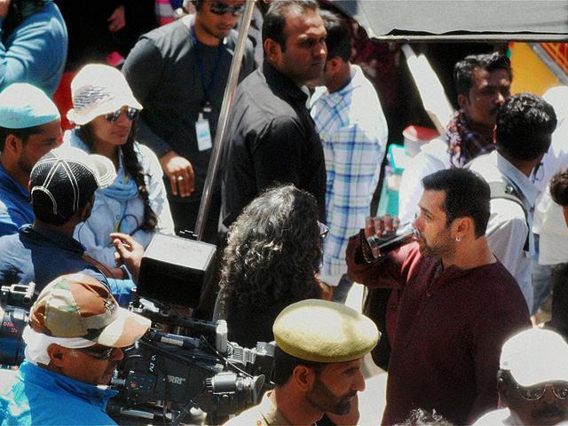 Salman Khan during shooting of his upcoming movie Bajrangi Bhaijaan, at Aishmuqam in Anantnag district on Thursday. (PTI Photo) 