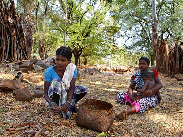 Mother and wife of Bhima Kadti, a tribal man who was charged with 12 Maoist related cases, in Phulpad village, Dantewada. (Saumya Khandelwal/ HT Photo)