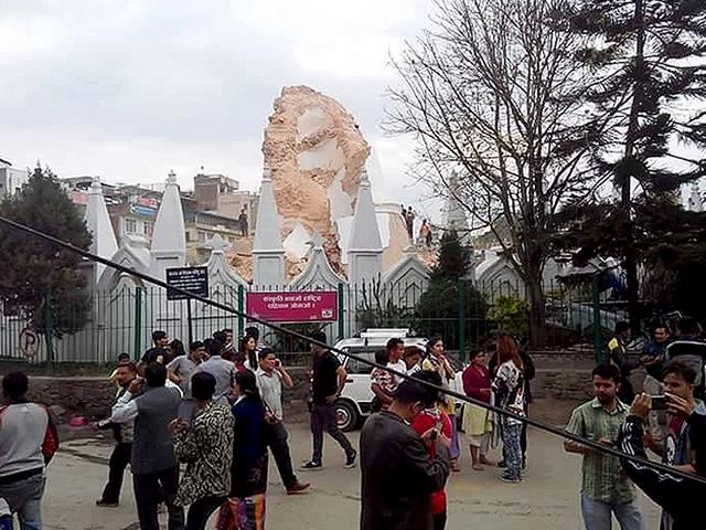 Dharahara, also called Bhimsen Tower, a nine storey tall tower at the center of Sundhara, Kathmandu has collapsed. (Photo by Special Arrangement)