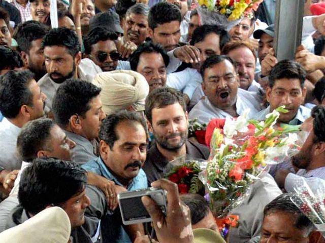 Congress vice-president Rahul Gandhi at Ambala railway station. PTI photo