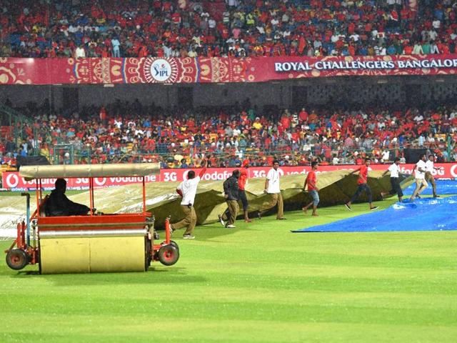 The-pitch-and-outfield-at-Bengaluru-s-M-Chinnaswamy-Stadium-are-covered-as-it-rains-during-the-IPL-2015-match-between-Royal-Challengers-Bangalore-RCB-and-Rajasthan-Royals-RR-PTI-Photo The-pitch-and-outfield-at-Bengaluru-s-M-Chinnaswamy-Stadium-are-covered-as-it-rains-during-the-IPL-2015-match-between-Royal-Challengers-Bangalore-RCB-and-Rajasthan-Royals-RR-PTI-Photo
