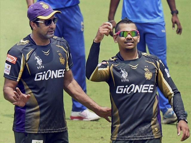 KKR-player-Sunil-Narine-and-bowling-coach-Wasim-Akram-during-a-practice-session-at-Eden-Garden-in-Kolkata-PTI-Photo