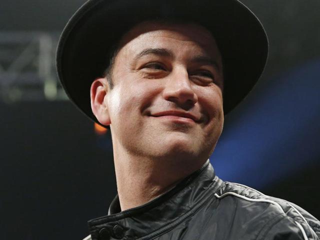 Comedian Jimmy Kimmel joins the crowd before the start of the world welterweight championship bout between Floyd Mayweather Jr., and Manny Pacquiao, on Saturday, May 2, 2015 in Las Vegas. (Photo: AP)