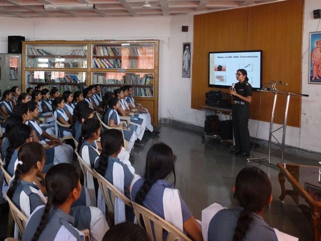 Army Public School organised a counseling session on "Aids Awareness" for the students of Classes 11 and 12, in Bhopal on Sunday. (HT photo)