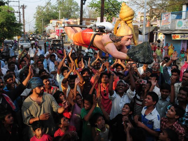 Lord Hanuman's drone flying over the devotees during a promotional event of an upcoming serial, in Bhopal on Sunday. (Mujeeb Faruqui/HT photo)