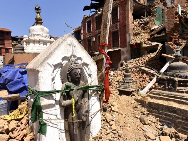 An idol of Lord Buddha in Swayambhunath complex in Kathmandu. The devastating earthquake has not spared the country's rich cultural heritage, destroying religious places and historic sites. (Gurinder Osan/ HT Photo)
