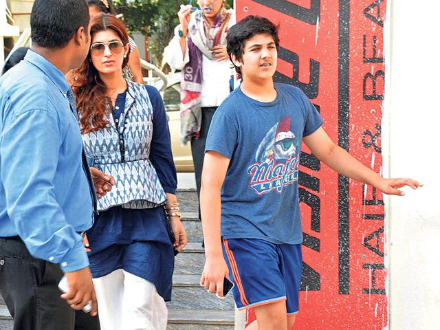 Twinkle Khanna and son Aarav Bhatia (right) were seen outside a suburban theatre in Mumbai. (Photos:Yogen Shah) Twinkle Khanna and son Aarav Bhatia (right) were seen outside a suburban theatre in Mumbai. (Photos:Yogen Shah)