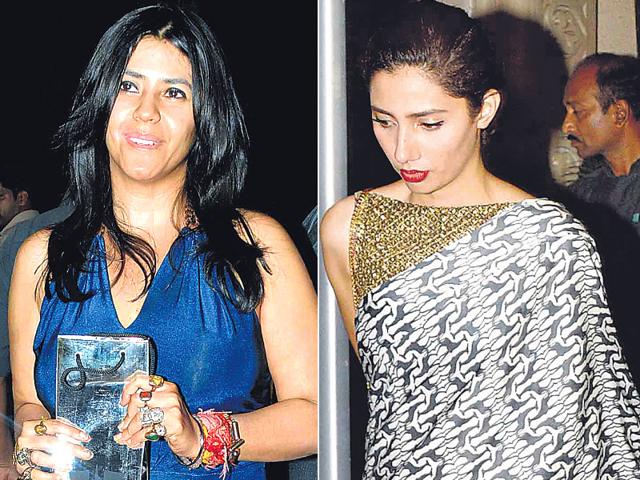 Ekta Kapoor and Mahira Khan at Abhishek Kapoor's wedding. (HT photo)