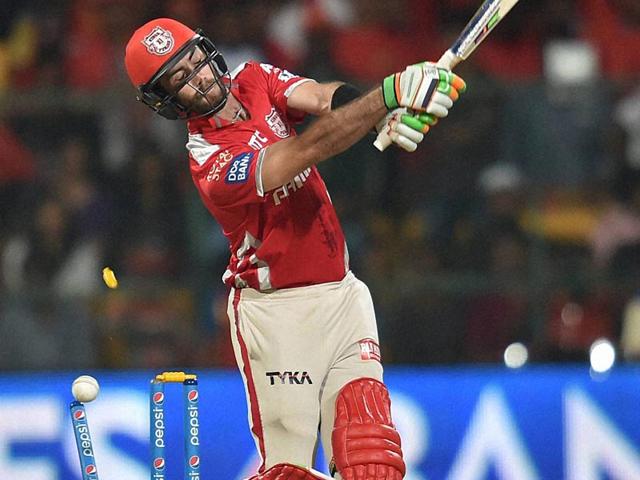 Australian Glenn Maxwell's miserable IPL season continued. Aravind cleaned him up for 1. (PTI Photo)