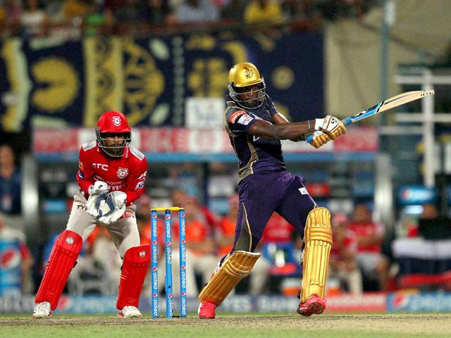 KKR's Andre Russell clobbered KXIP bowlers for a 21-ball 51 to pull his team out of trouble in Kolkata on Saturday. (PTI Photo)