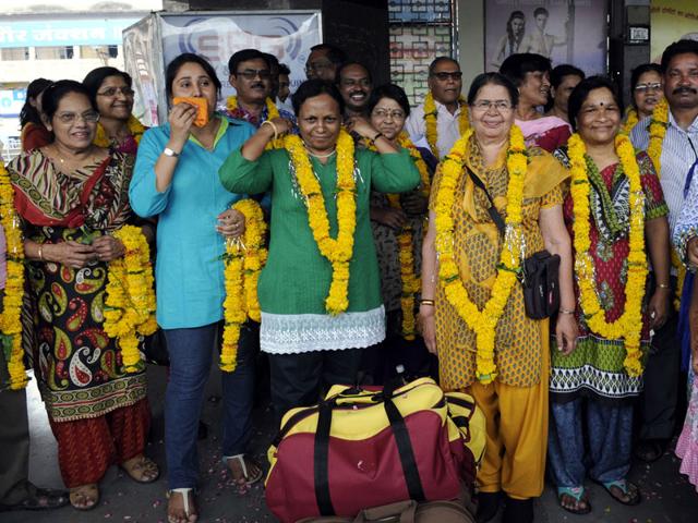 Members of Catholic Diocese of Indore left on Tuesday for Nazareth, Israel, birth place of Jesus Christ, led by Father Biju Mathew. (Shankar Mourya/HT photo)
